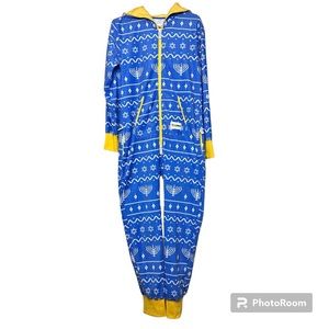 Tipsyelves | Hanukkah Jumpsuit w/ Menorahs  Blue, White & Yellow Onesie | Size S